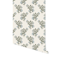 Mulberry Floral Blockprint Wallpaper in Blue