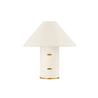 White fabric wrapped table lamp with stitch detail.