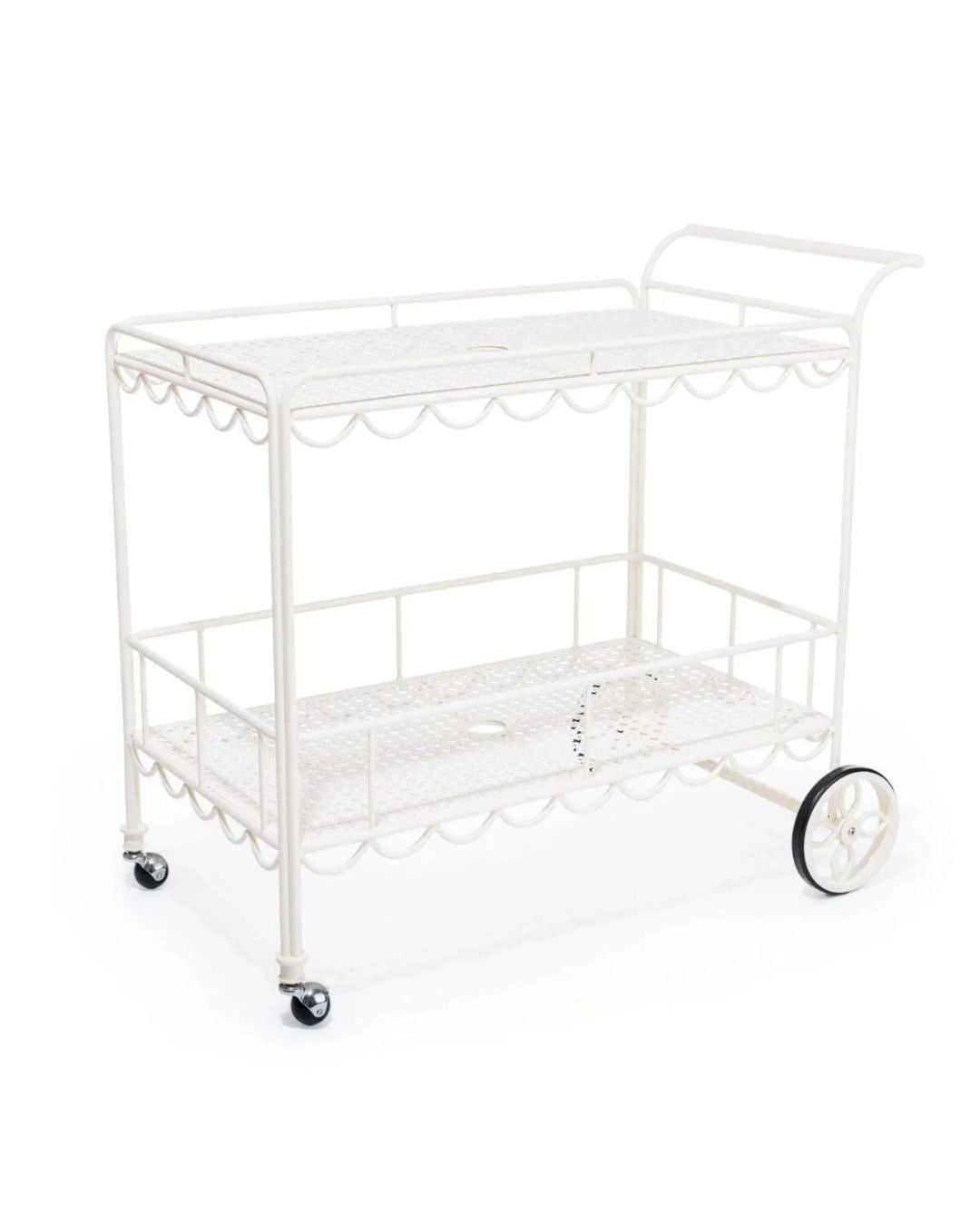 A vintage-inspired white bar cart with scalloped edges and a sleek, smooth surface, featuring metal construction and wheels for mobility.