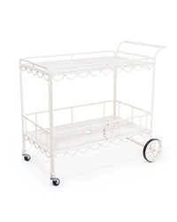 A vintage-inspired white bar cart with scalloped edges and a sleek, smooth surface, featuring metal construction and wheels for mobility.