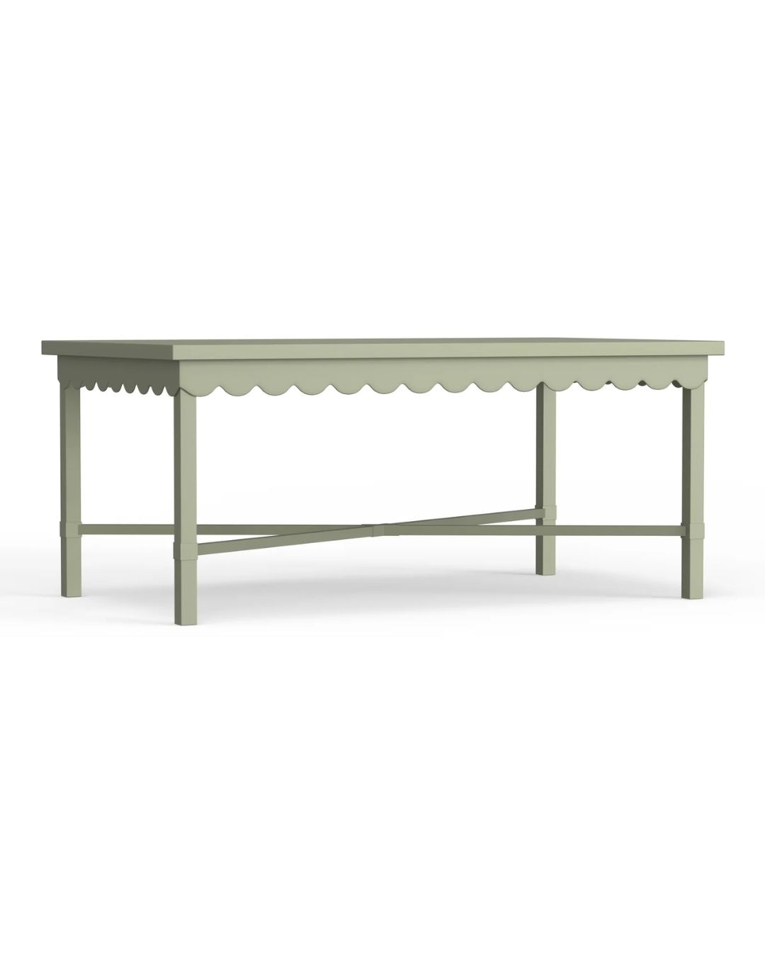A rectangular outdoor coffee table with scalloped edge details, painted in a sage green color, with visible wooden frame and supporting legs.