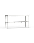 A white console table with a scalloped edge design, suitable for outdoor use.