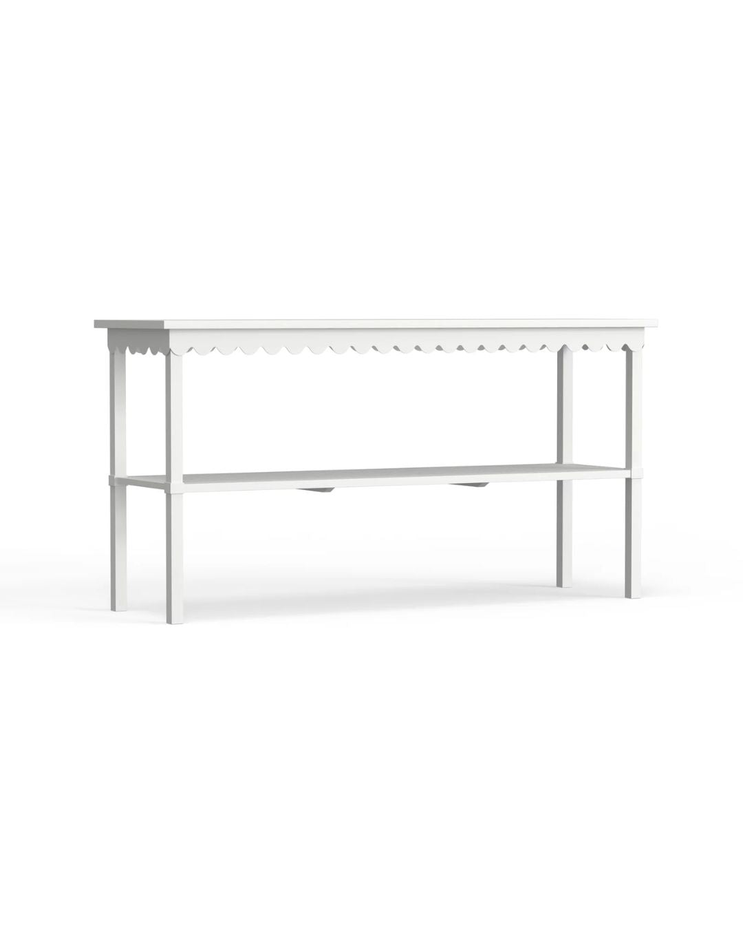 A white console table with a scalloped edge design, suitable for outdoor use.