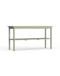 A rectangular green console table with a scalloped edge design and metal legs.