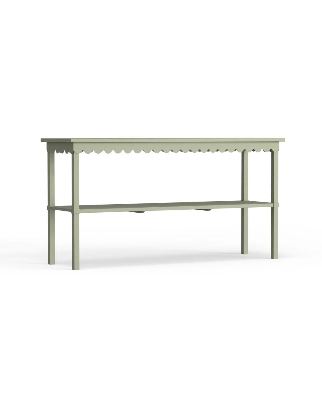 A rectangular green console table with a scalloped edge design and metal legs.