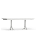 A white rectangular Riviera dining table with scalloped edge details and a metallic structure, set against a plain background.