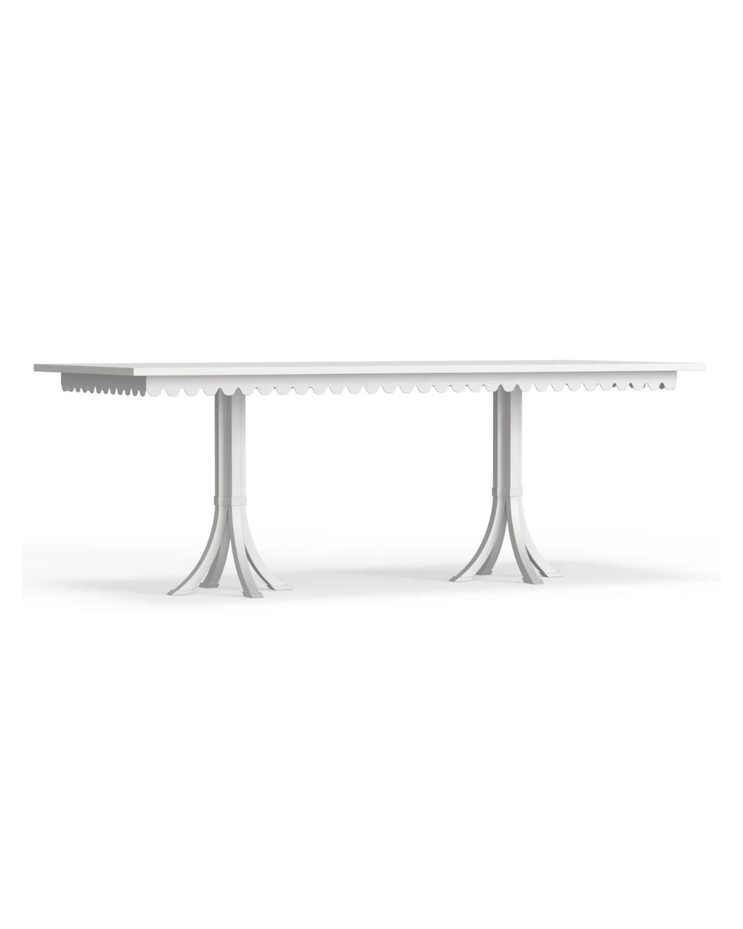 A white rectangular Riviera dining table with scalloped edge details and a metallic structure, set against a plain background.