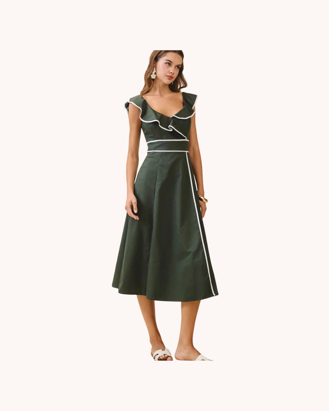 Ruffle Neck Bodice Dress- Hunter Green