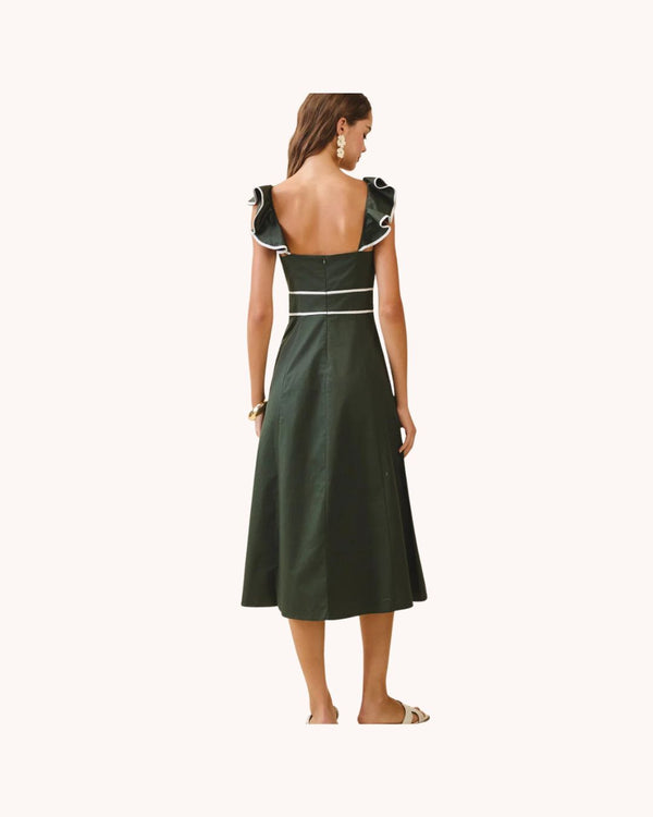 Ruffle Neck Bodice Dress- Hunter Green