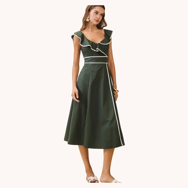 Ruffle Neck Bodice Dress- Hunter Green