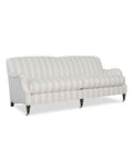 A traditional style upholstered Russell Sofa with a striped pattern in white and gray, featuring wooden legs.