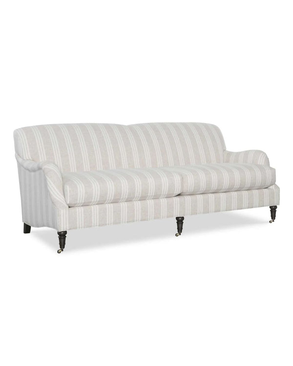 A traditional style upholstered Russell Sofa with a striped pattern in white and gray, featuring wooden legs.