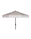 A white and beige striped patio umbrella with a scalloped edge design.