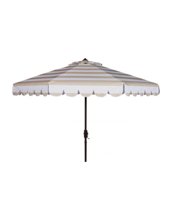 A white and beige striped patio umbrella with a scalloped edge design.
