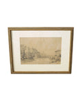 A vintage art print depicting a park scene with trees and a building, framed in a beige wooden frame.