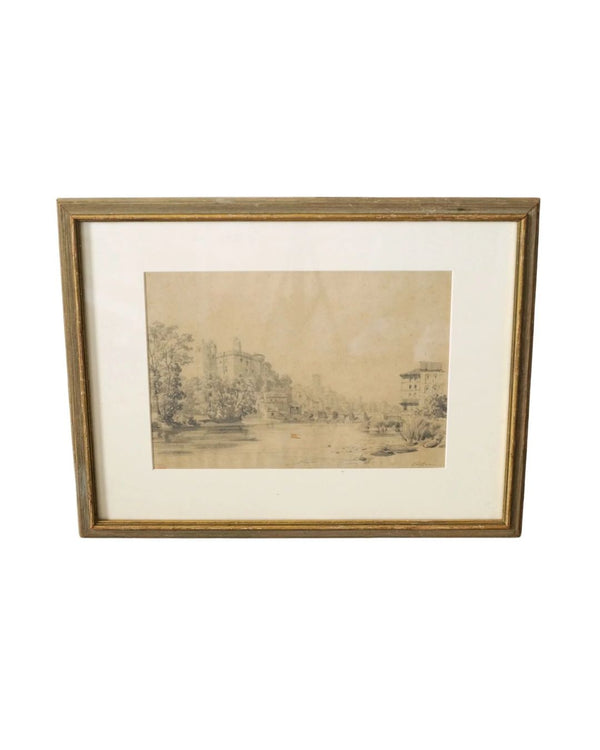 A vintage art print depicting a park scene with trees and a building, framed in a beige wooden frame.