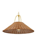 A woven pendant light with a beige cone-shaped shade and a visible bulb in the center, suspended from a gold-colored frame.