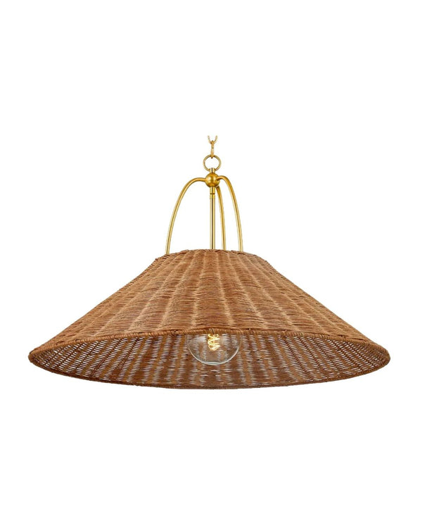 A woven pendant light with a beige cone-shaped shade and a visible bulb in the center, suspended from a gold-colored frame.