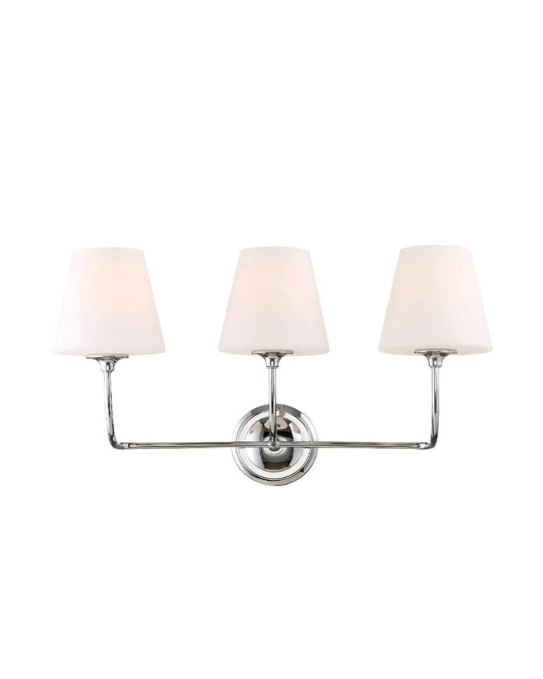 A three-light vanity light fixture with a polished chrome finish and white opal glass shades.
