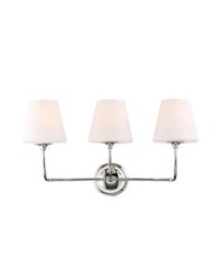 A three-light vanity light fixture with a polished chrome finish and white opal glass shades.
