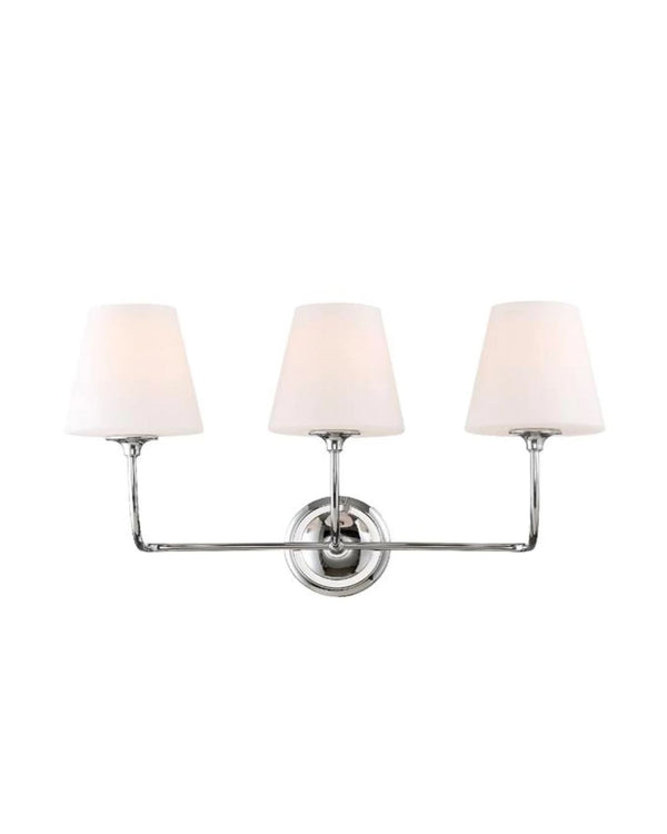 A three-light vanity light fixture with a polished chrome finish and white opal glass shades.