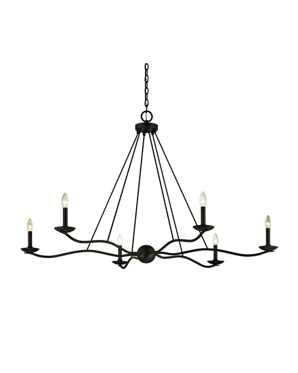 A black finish Camden chandelier with a classic design, featuring multiple light bulbs.