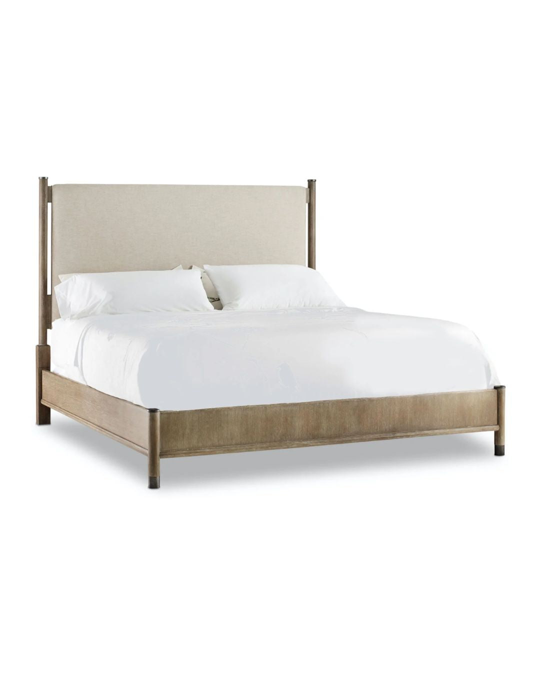 Bed frame constructed with soft, rounded edges and combined with sand-blasted greige and antique white oak finishes