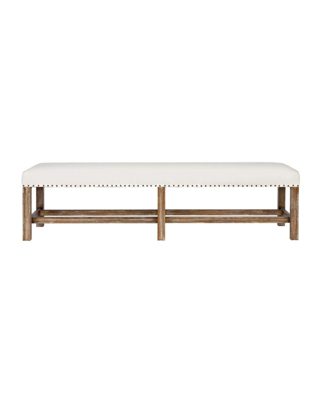 A vintage-style bench with a soft white cotton seat and a cedar wood frame, featuring a nailhead design on the seat edges.