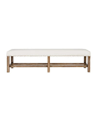 A vintage-style bench with a soft white cotton seat and a cedar wood frame, featuring a nailhead design on the seat edges.