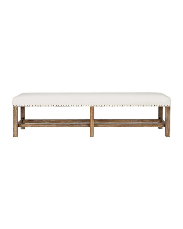 A vintage-style bench with a soft white cotton seat and a cedar wood frame, featuring a nailhead design on the seat edges.