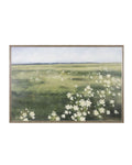 A framed artwork depicting a field of white flowers with green and blue accents in a landscape style.