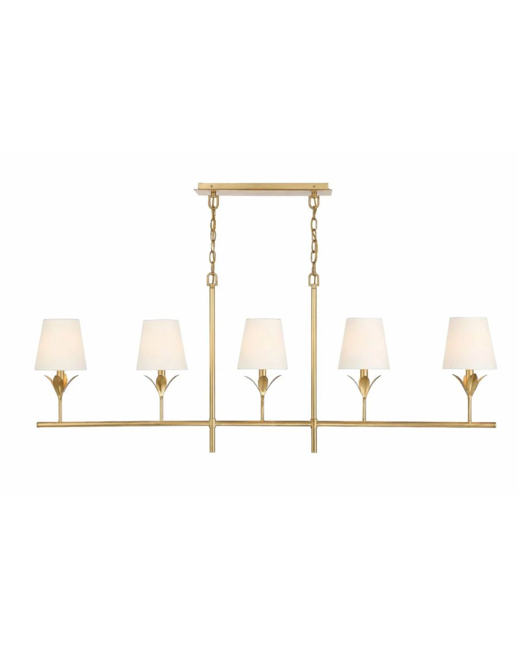 A traditional gold chandelier with a linear design featuring multiple lights, each with a white shade.
