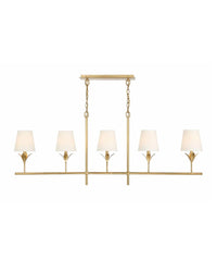 A traditional gold chandelier with a linear design featuring multiple lights, each with a white shade.