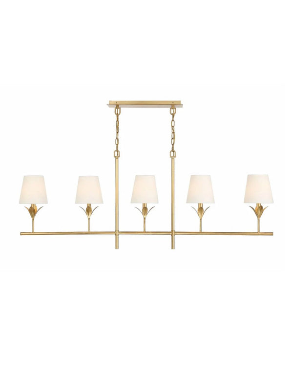 A traditional gold chandelier with a linear design featuring multiple lights, each with a white shade.