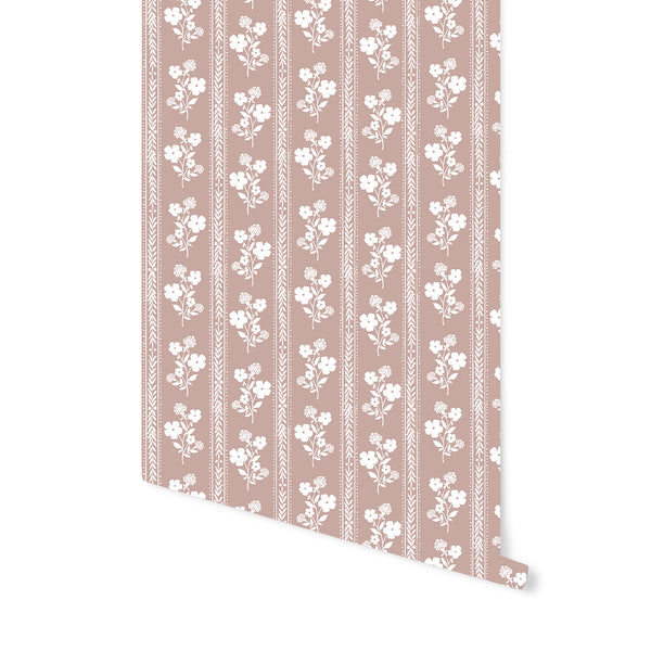 Hollyhock Floral Wallpaper in Dusty Pink
