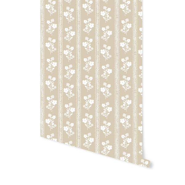 Hollyhock Floral Wallpaper in Natural