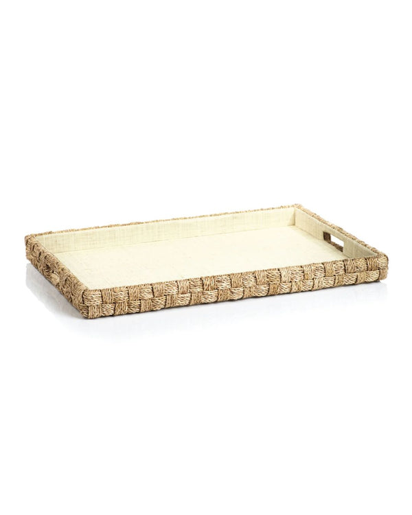 A rectangular beige serving tray with a natural raffia interior and rope design along the edges, with handles.