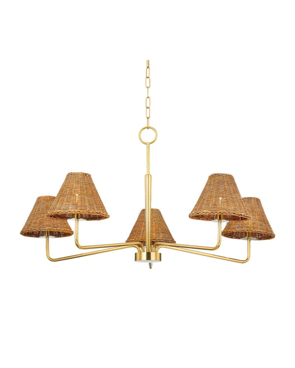 A chandelier with aged brass finish and a woven rattan shade, featuring slender hooked arms.