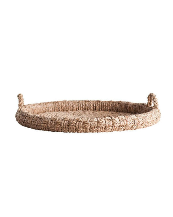 A large, beige, braided tray with handles displayed against a neutral background.