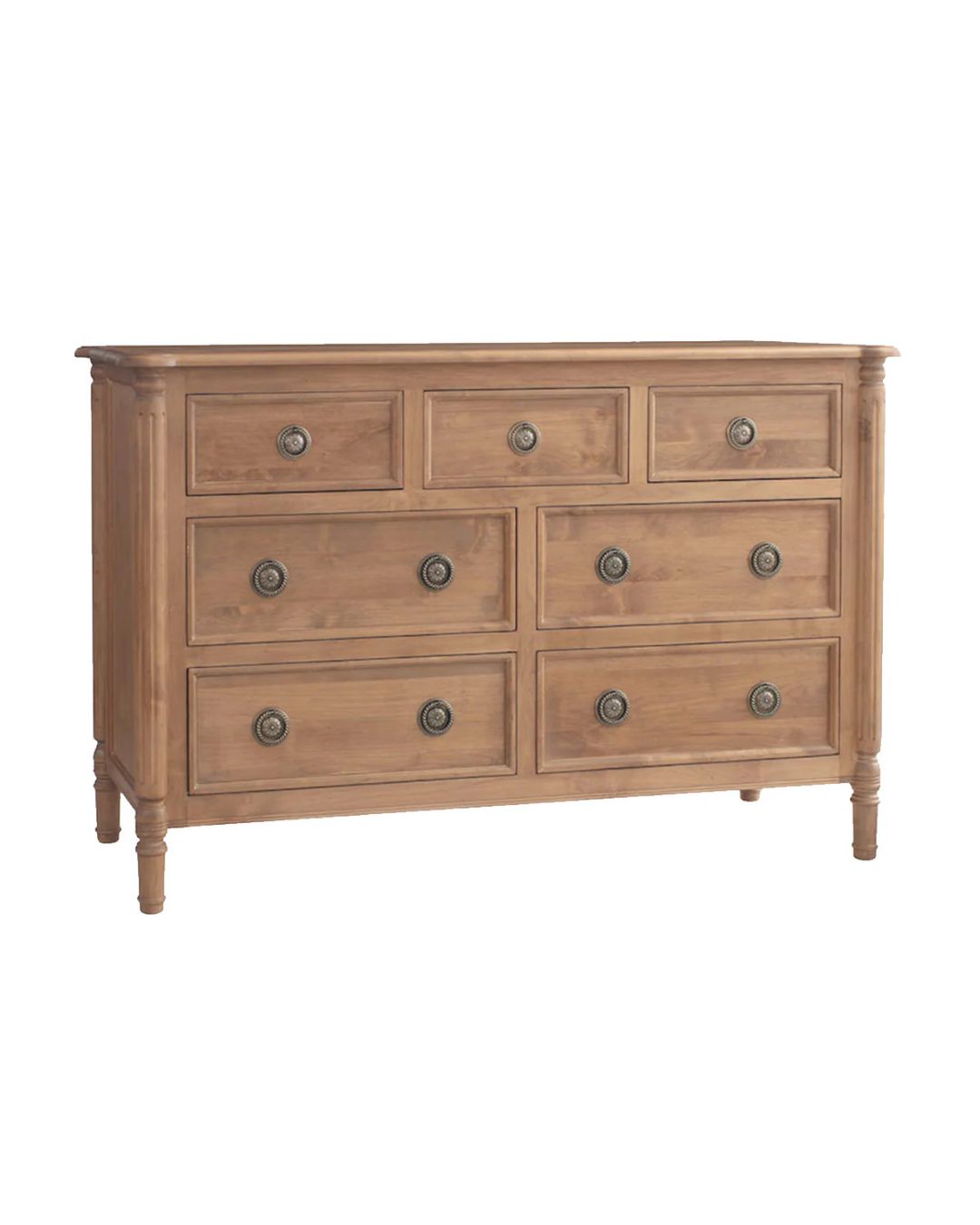 A traditional style dresser made of solid oak wood with a beige finish and decorative pulls on the drawers.