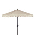 An 11-foot beige and white scalloped umbrella with a black pole.