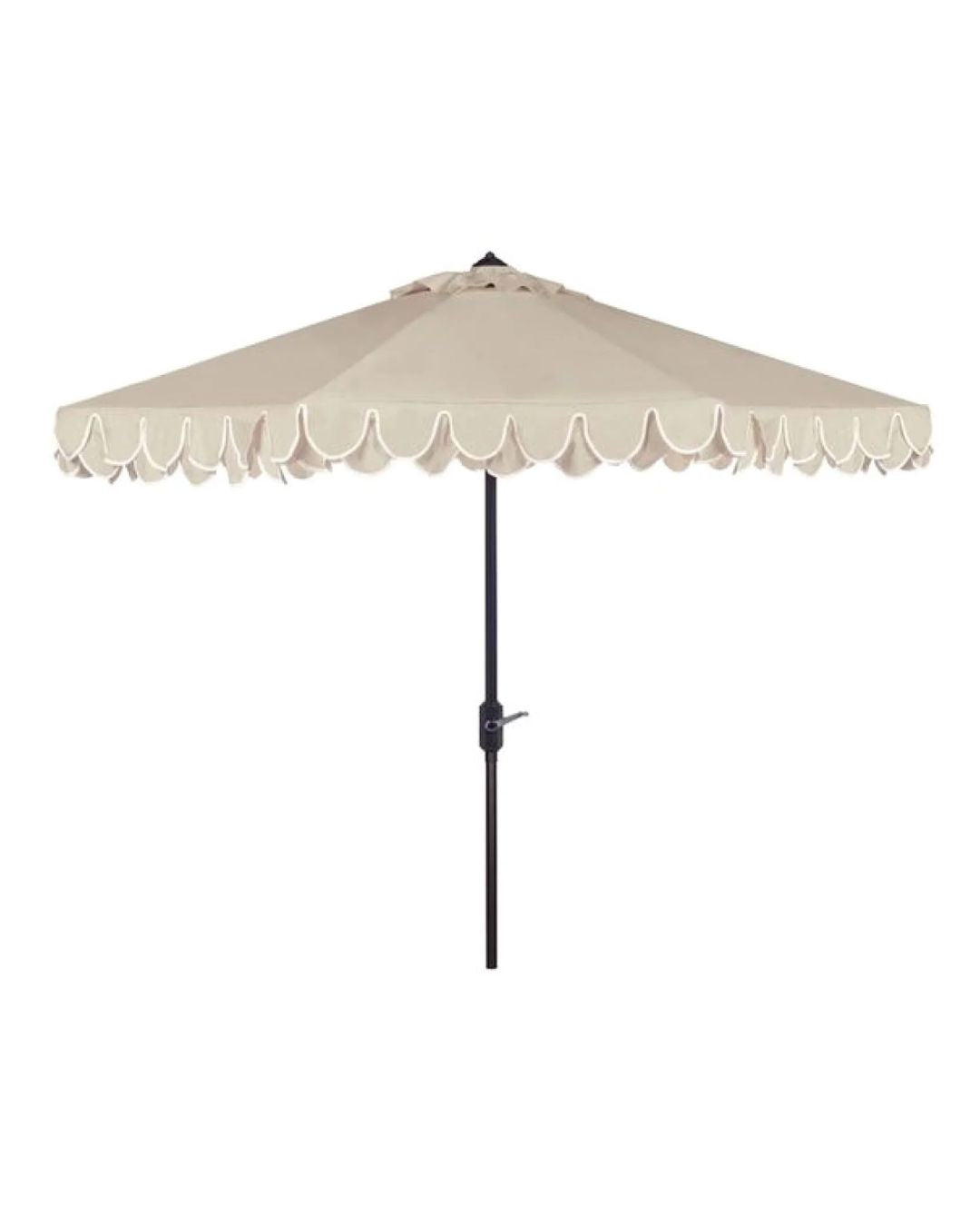 An 11-foot beige and white scalloped umbrella with a black pole.