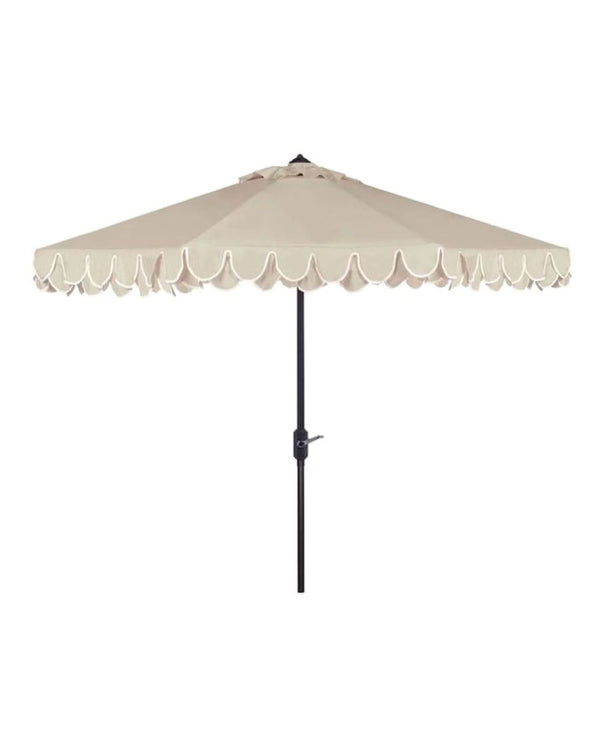 An 11-foot beige and white scalloped umbrella with a black pole.