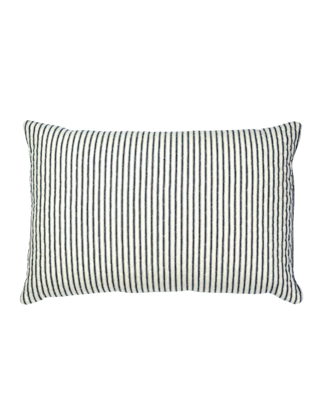 A rectangular indigo striped pillow sham with a small diamond shape pattern.