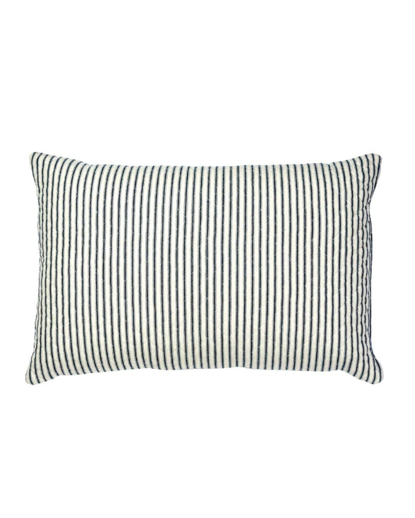 A rectangular indigo striped pillow sham with a small diamond shape pattern.