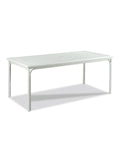 A white rectangular outdoor dining table with a slatted top and a powder-coated aluminum base with rattan pole bindings.