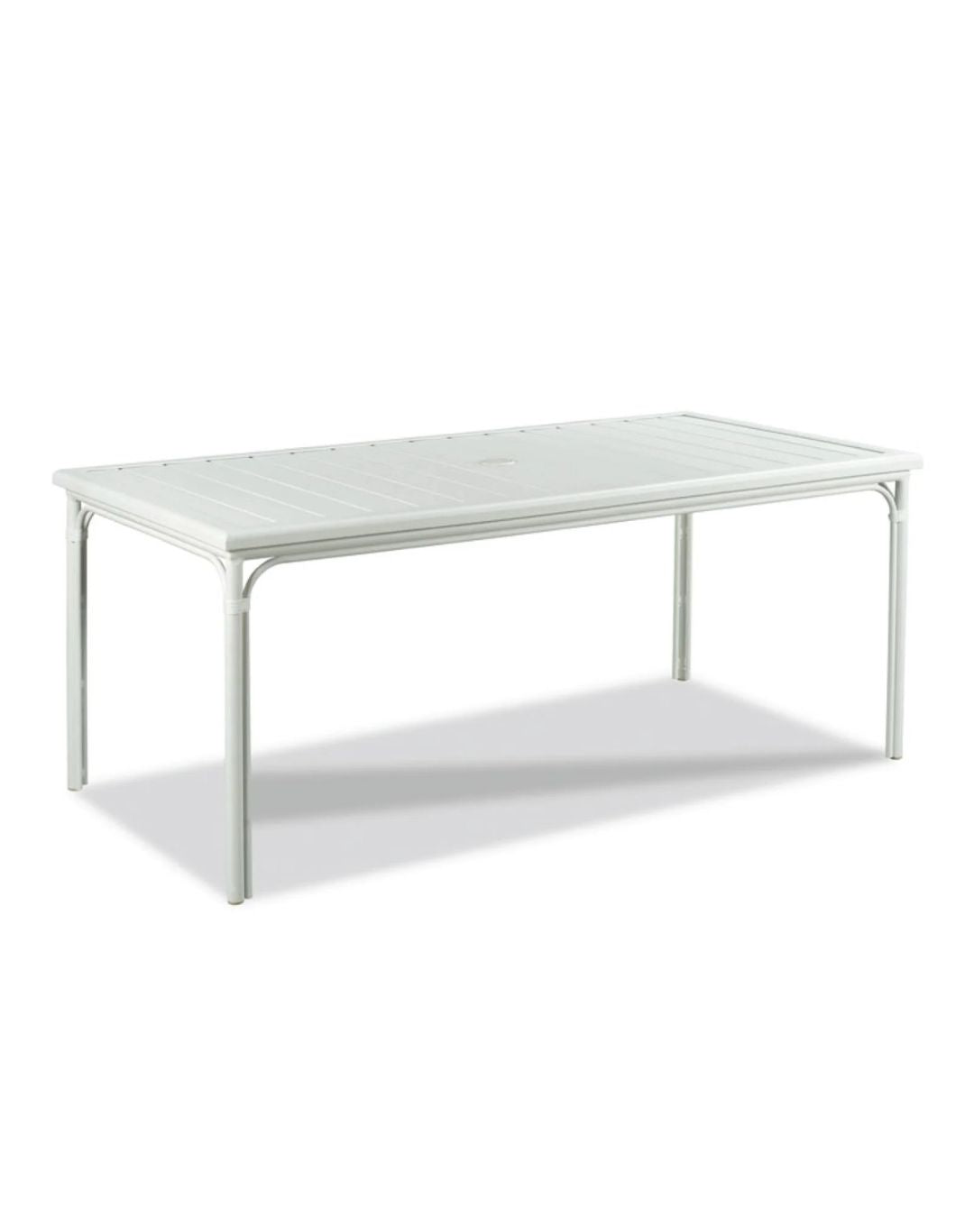 A white rectangular outdoor dining table with a slatted top and a powder-coated aluminum base with rattan pole bindings.