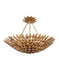 A gold-colored metal pendant light fixture with a petal design.