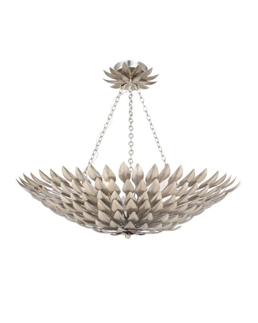 A silver pendant light fixture with a wrought iron leaf design, suspended by a chain.