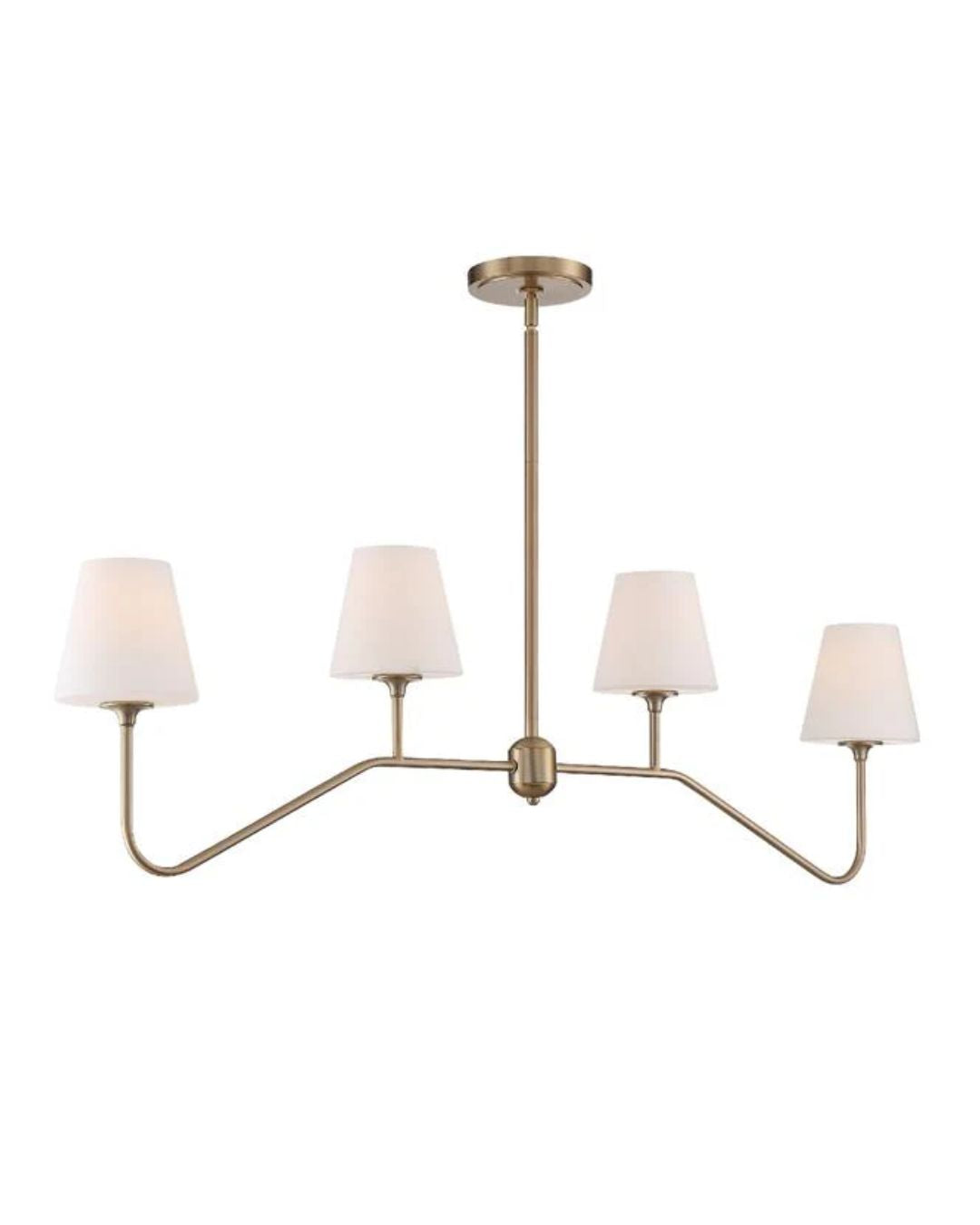 A vibrant gold linear chandelier with clean-lined glass shades and a steel frame.